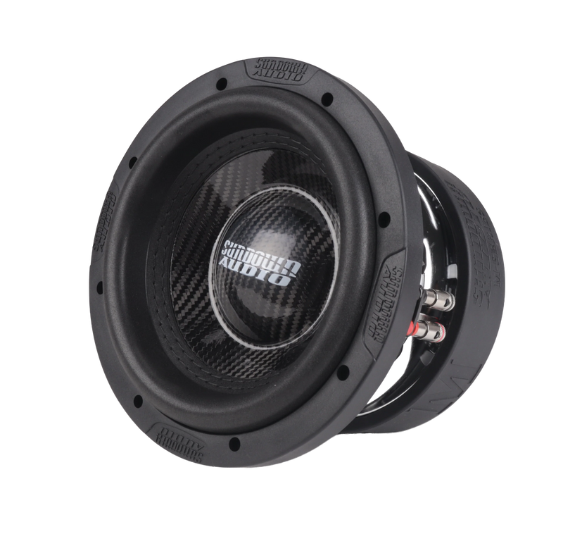 Angled view of Sundown Audio SW-M8 8-inch subwoofer featuring carbon fiber cone and heavy-duty surround