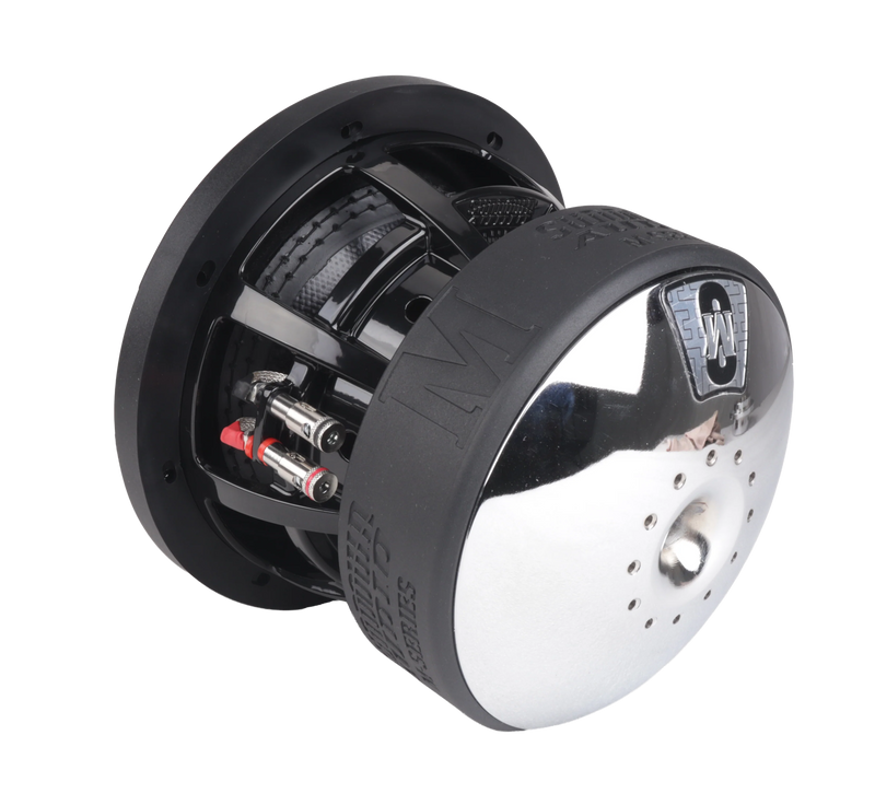 Spring-loaded speaker terminals on Sundown Audio SW-M8 accepting up to 8-gauge wire