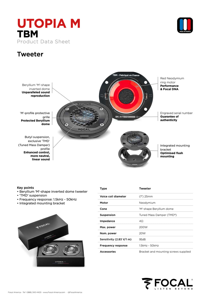 TBM Focal Utopia M Beryllium M Dome 1" Tweeter Elite Car Audio 4 Ohm (Pair)