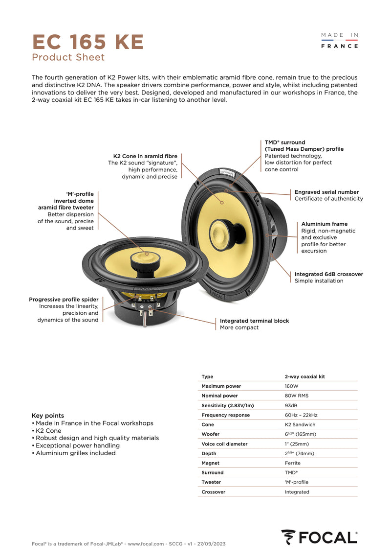 EC 165 KE Focal K2 Power Evo 6.5" 6 1/2 inch Kevlar Coaxial 2 Way Speakers 80W RMS 4 Ohm Elite Car Audio (Pair)