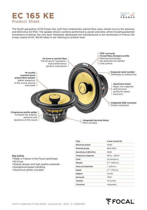 EC 165 KE Focal K2 Power Evo 6.5" 6 1/2 inch Kevlar Coaxial 2 Way Speakers 80W RMS 4 Ohm Elite Car Audio (Pair)