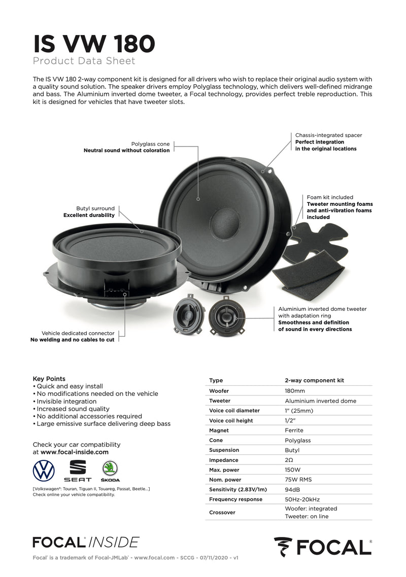 IS VW 180 Focal Inside 8" Polyglass 2-Way Component Speaker Upgrade Kit Plug & Play Compatible with Volkswagen 75W RMS 2 Ohm (Pair)