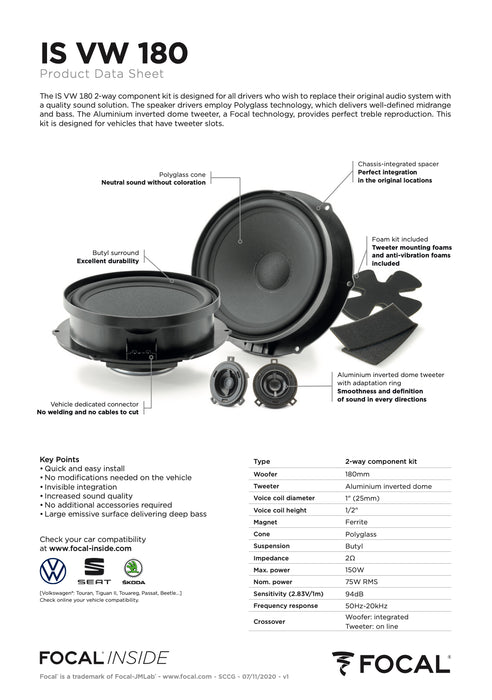 IS VW 180 Focal Inside 8" Polyglass 2-Way Component Speaker Upgrade Kit Plug & Play Compatible with Volkswagen 75W RMS 2 Ohm (Pair)