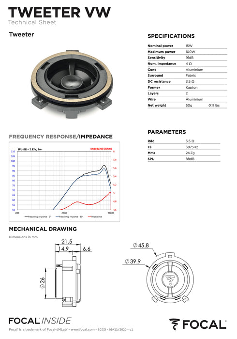 IS VW 180 Focal Inside 8" Polyglass 2-Way Component Speaker Upgrade Kit Plug & Play Compatible with Volkswagen 75W RMS 2 Ohm (Pair)