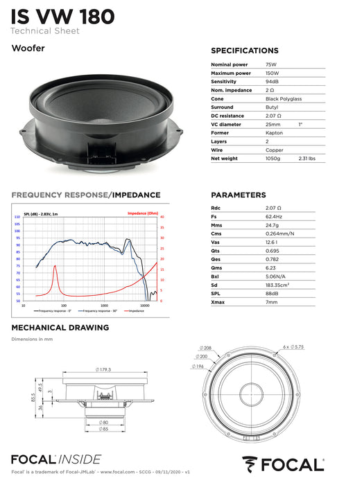 IS VW 180 Focal Inside 8" Polyglass 2-Way Component Speaker Upgrade Kit Plug & Play Compatible with Volkswagen 75W RMS 2 Ohm (Pair)