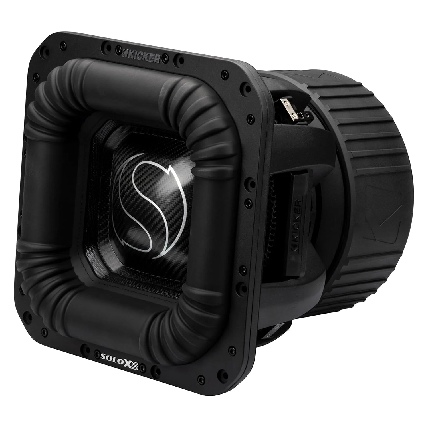 Angled view of the Kicker SoloX L7XS square 12-inch SPL subwoofer