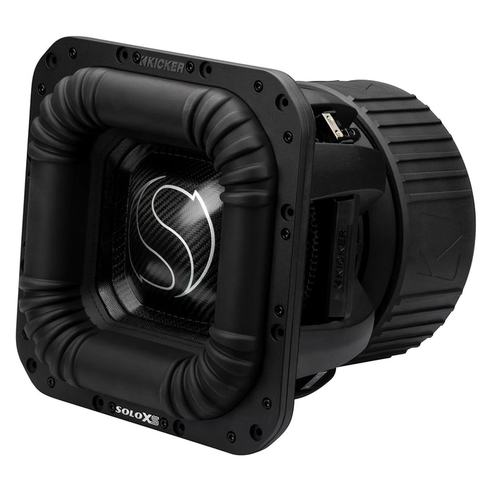 Angled view of the Kicker SoloX L7XS square 12-inch SPL subwoofer