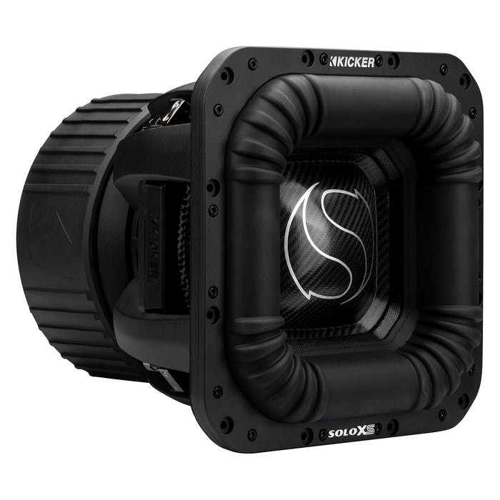 Angled view of the Kicker SoloX L7XS square 12-inch SPL subwoofer