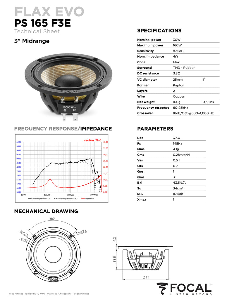 PS 165 F3E Focal Flax Evo 6.5" 3-Way Component Speakers Kit w/ 3" Midrange & M Dome Tweeters 80W RMS Performance Car Audio 4 Ohm (Pair)