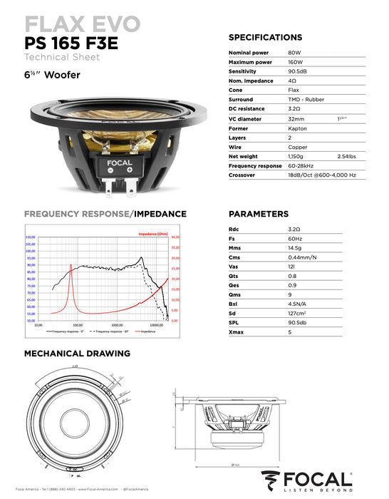 PS 165 F3E Focal Flax Evo 6.5" 3-Way Component Speakers Kit w/ 3" Midrange & M Dome Tweeters 80W RMS Performance Car Audio 4 Ohm (Pair)