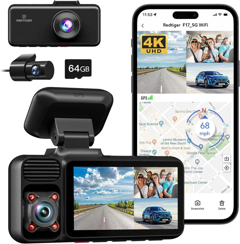 F17 Basic Redtiger 3-Channel 5G Wifi Dash Camera 64GB Storage Sticky Mount