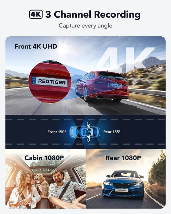 F17 Basic Redtiger 3-Channel 5G Wifi Dash Camera 64GB Storage Sticky Mount