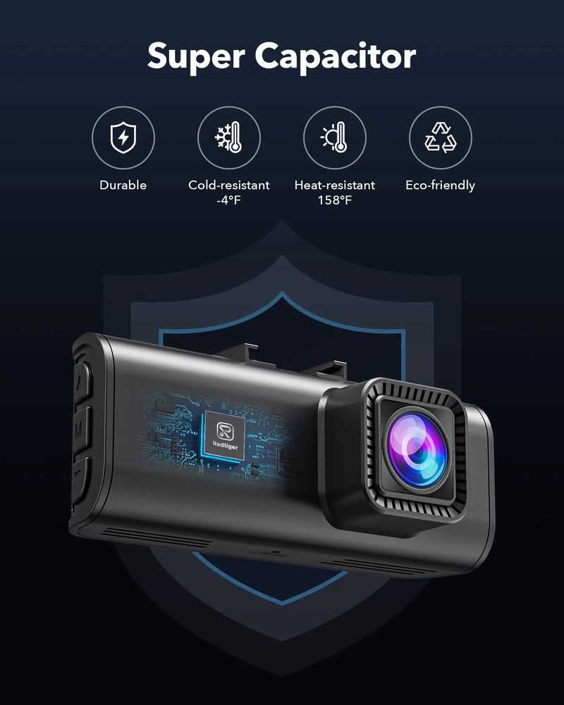 F7NP Redtiger 4K Front + HD Rear Dual Dash Cam Kit App & WiFi Control DVR and Parking Monitoring Camera, 32GB SD Card Included