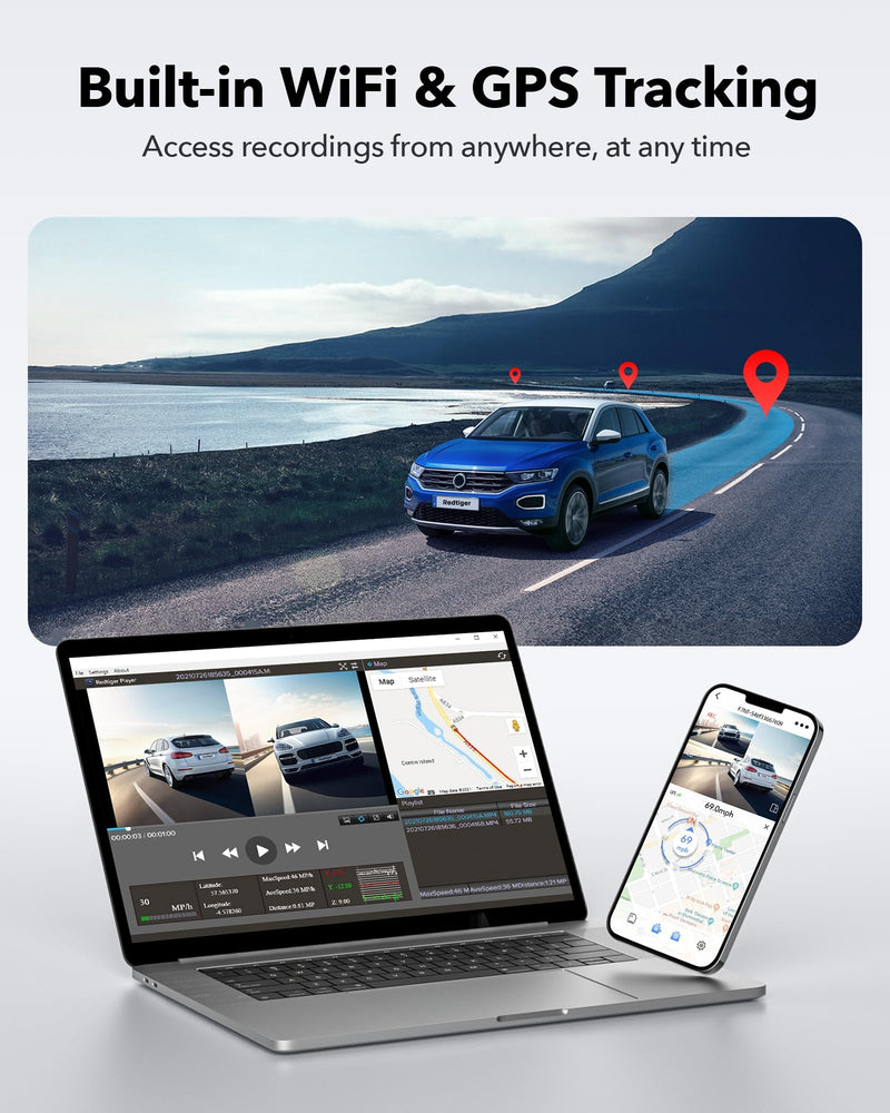 F7NT-MAX Redtiger Touchscreen 4K Front + HD Rear Dual Dash Cam Kit App & WiFi Control DVR and Parking Monitoring Camera, 128 GB High Capacity SD Card Included