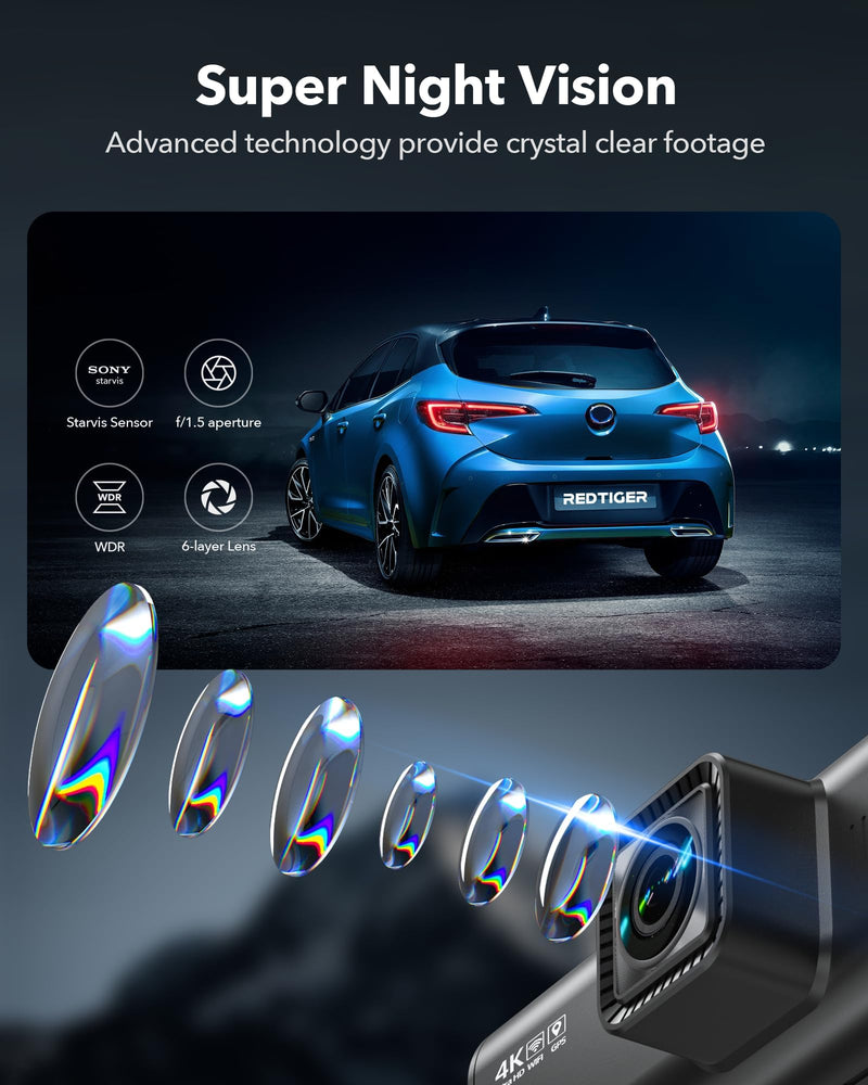 F7NT-MAX Redtiger Touchscreen 4K Front + HD Rear Dual Dash Cam Kit App & WiFi Control DVR and Parking Monitoring Camera, 128 GB High Capacity SD Card Included