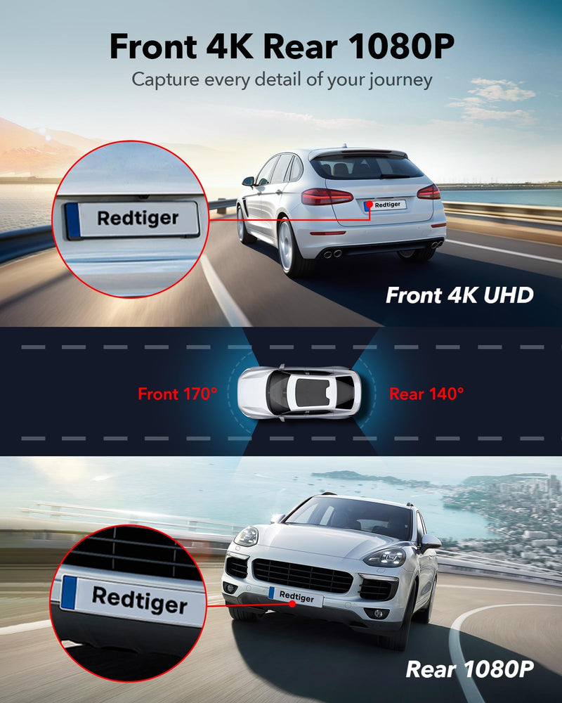 F7NT-MAX Redtiger Touchscreen 4K Front + HD Rear Dual Dash Cam Kit App & WiFi Control DVR and Parking Monitoring Camera, 128 GB High Capacity SD Card Included