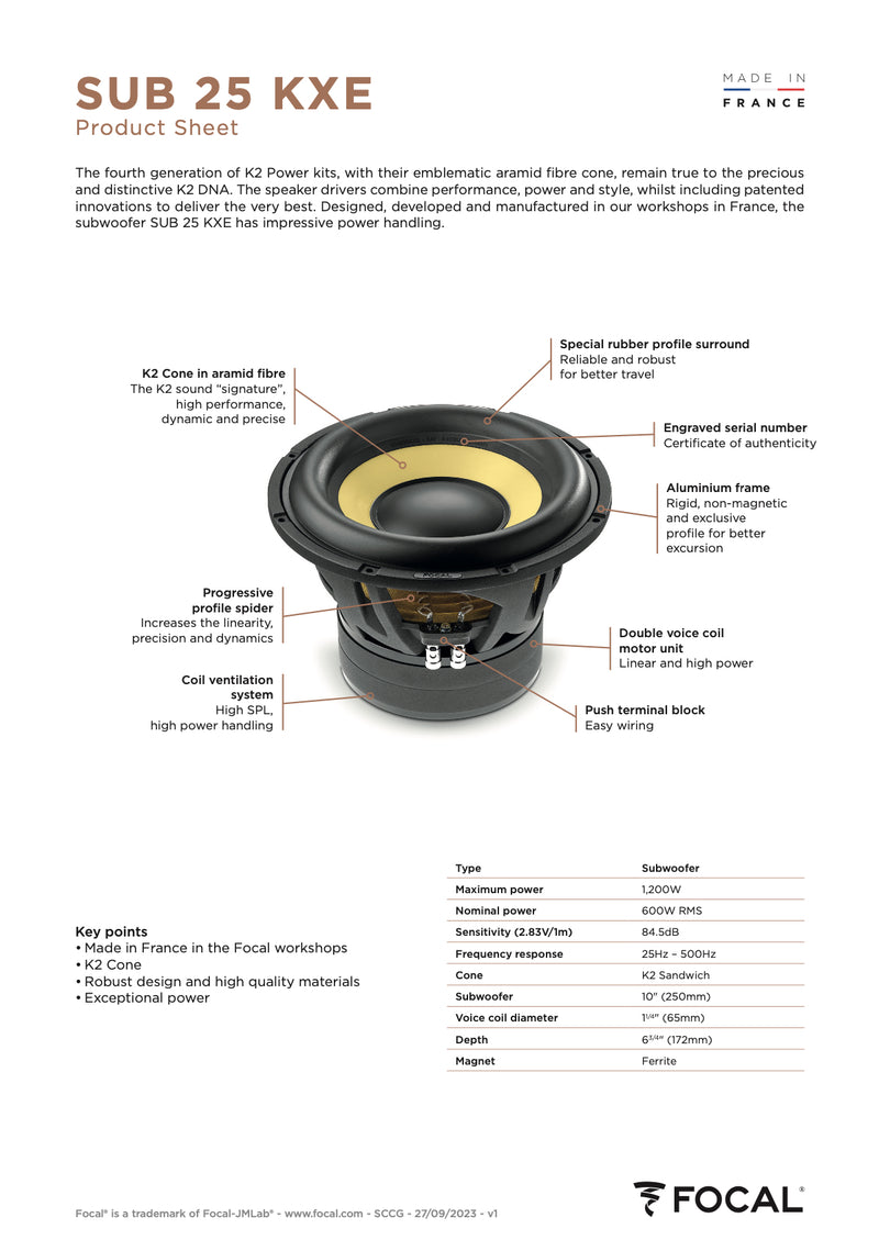 SUB 25 KXE Focal K2 Power Evo 10" Subwoofer Sub 600W RMS 4 Ohm DVC
