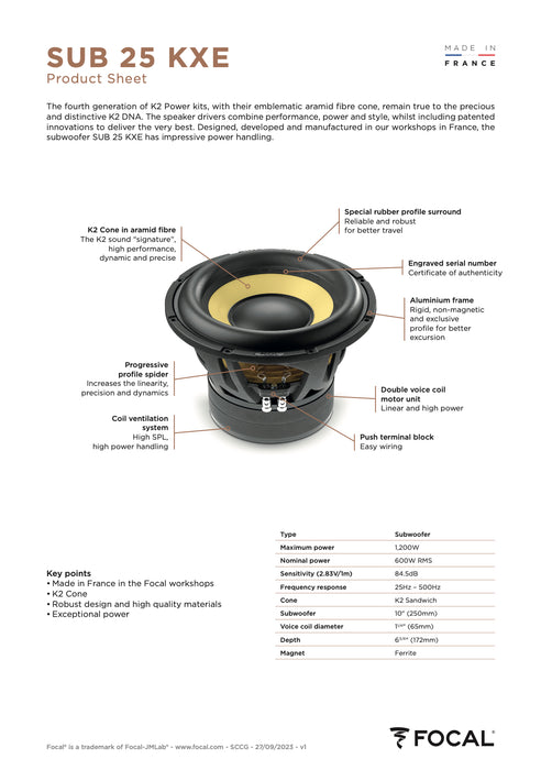 SUB 25 KXE Focal K2 Power Evo 10" Subwoofer Sub 600W RMS 4 Ohm DVC