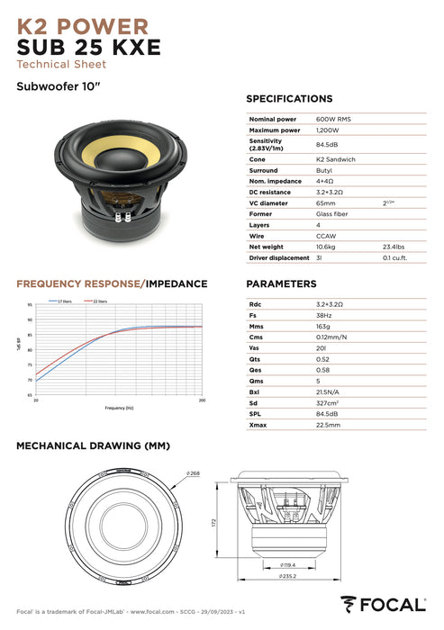 SUB 25 KXE Focal K2 Power Evo 10" Subwoofer Sub 600W RMS 4 Ohm DVC