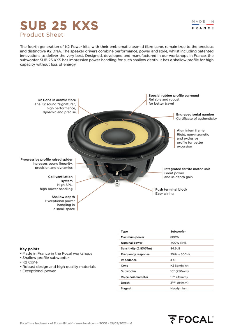 SUB 25 KXS Focal K2 Power Evo 10" Shallow Subwoofer Slim Sub 350W RMS 4 Ohm SVC