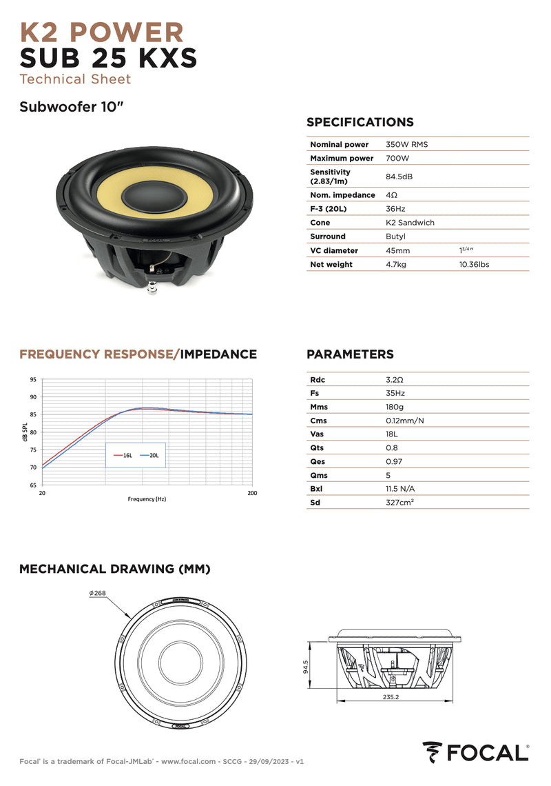 SUB 25 KXS Focal K2 Power Evo 10" Shallow Subwoofer Slim Sub 350W RMS 4 Ohm SVC