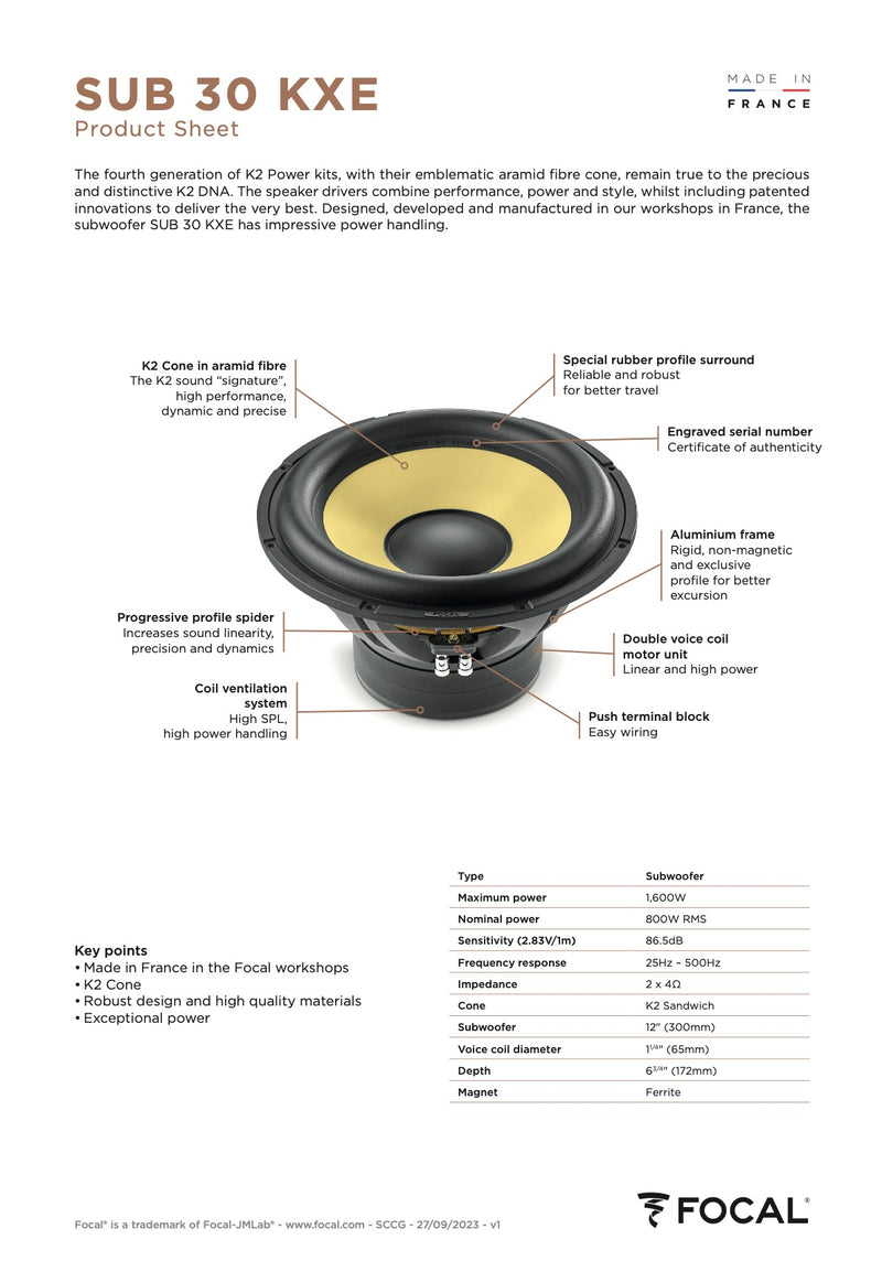 SUB 30 KXE Focal K2 Power Evo 12" Subwoofer Sub 800W RMS 4 Ohm DVC